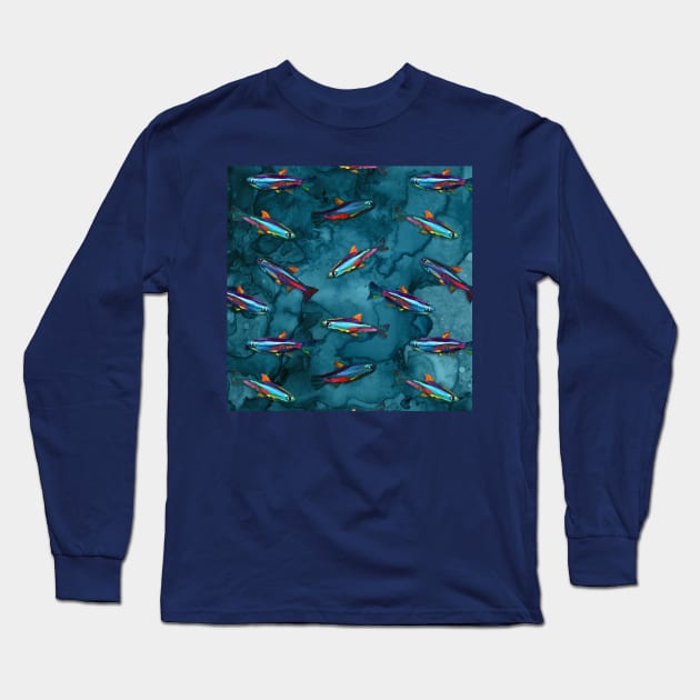 Inky Blue NEON TETRA Pattern by Robert Phelps Long Sleeve T-Shirt by RobertPhelpsArt